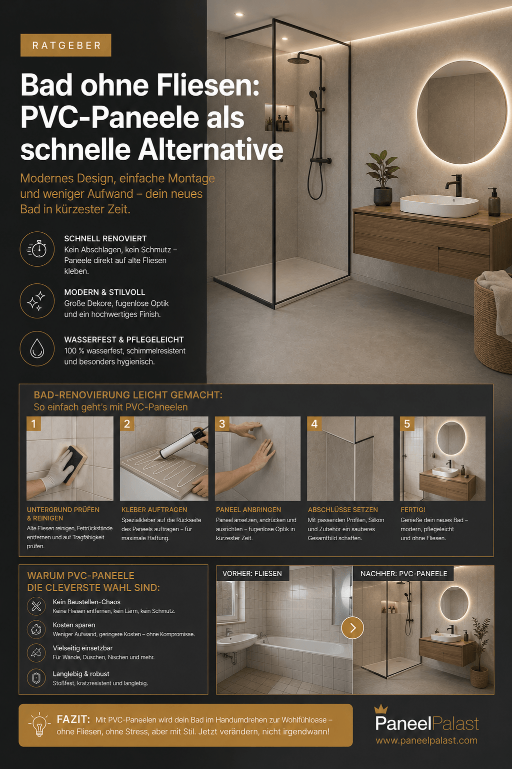 Bad ohne Fliesen: PVC-Paneele als schnelle Alternative