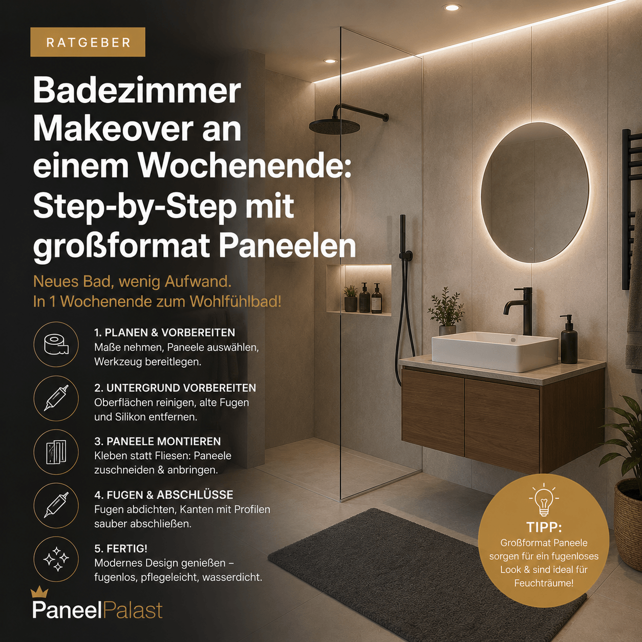 Badezimmer-Makeover an einem Wochenende: Step-by-Step mit Großformat-Paneelen